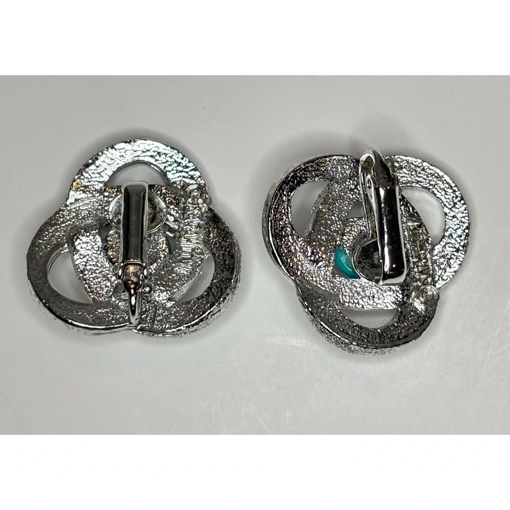 Vintage Orbit Atomic Clip Earring Sarah Coventry Silver Swirl Turquoise Cabochon